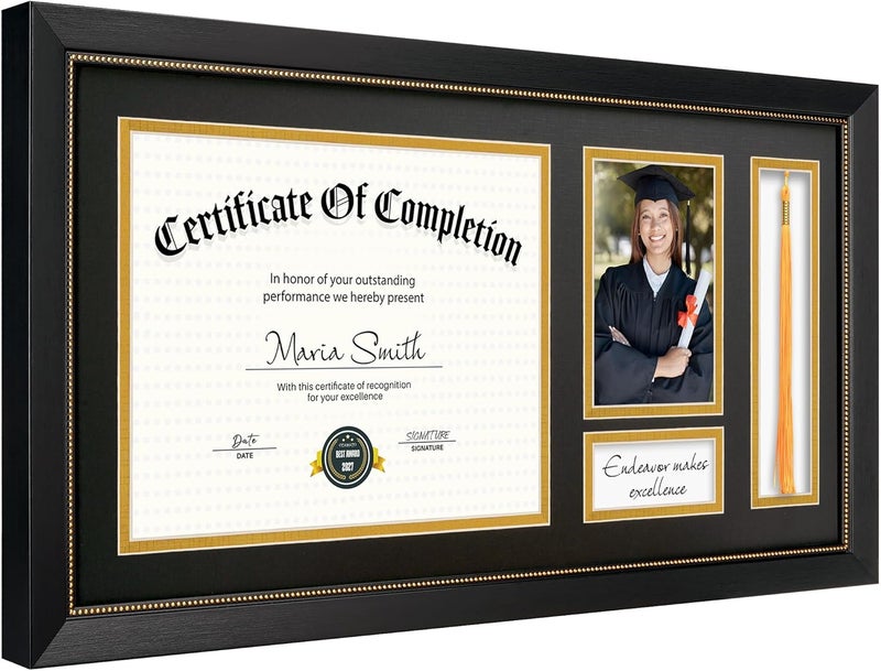GiftMust 11x22 Diploma Frame with Tassel Holder, Graduate Frame for 8.5x11 Certificate Document and 4x6 Photo, Linen Texture Black over Gold Double Mats, HD Real Glass, Black with Gold Beads Embossing - Image 2